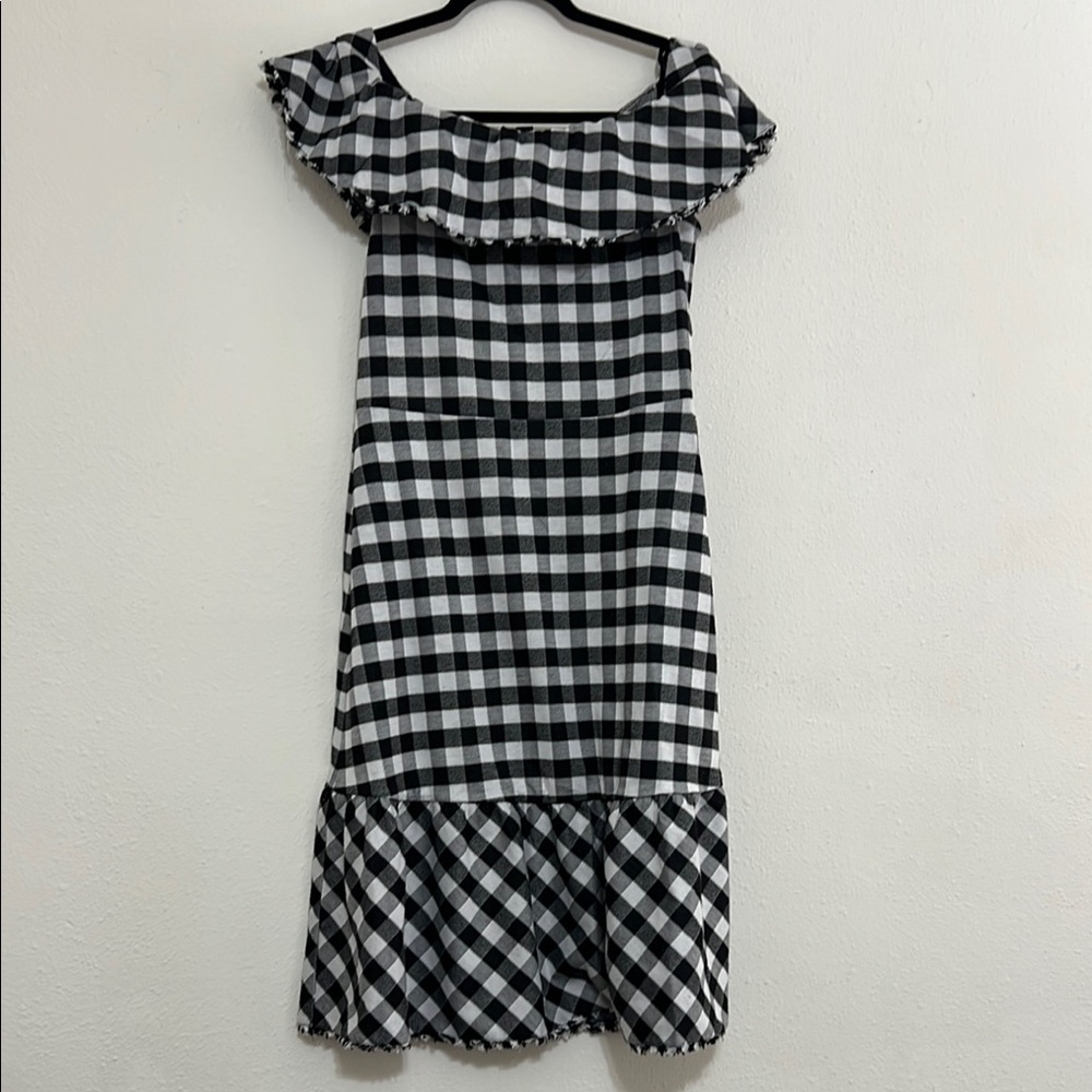 Black and White Gingham Off-Shoulder Dress
